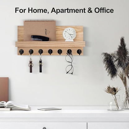 Key Holder Wall Mount, Entryway Key and Mail Holder with 7 Sturdy Hooks for Sunglasses, Dog Leash, Decorative Wall Shelf with Mounting Hardware, 15”W x 6.7”H x 4.2”D (Wood)