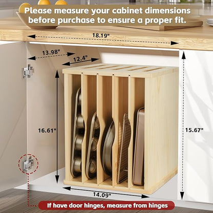 6 Tier Wooden Cabinet Tray Dividers for Baking Trays, Pans & Cutting Boards - 16.61" W x12.4 D x14.09 H Vertical Cookie Sheet Organizer, Spoon Rest, Utensil Holder, Kitchen for Pots Pans Storage