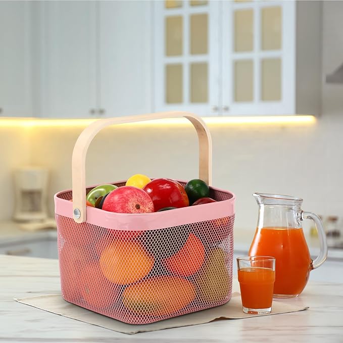 Roshtia 6 Pcs Metal Mesh Steel Basket with Handle, Rustic Square Wire Harvest, Shopping Baskets for Retail Store Garden Bathroom Kitchen(9.65 x 9.65 x 7.09 Inch,Pink)