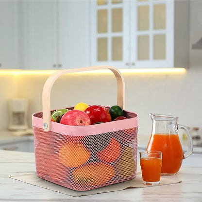 Roshtia 6 Pcs Metal Mesh Steel Basket with Handle, Rustic Square Wire Harvest, Shopping Baskets for Retail Store Garden Bathroom Kitchen(9.65 x 9.65 x 7.09 Inch,Pink)