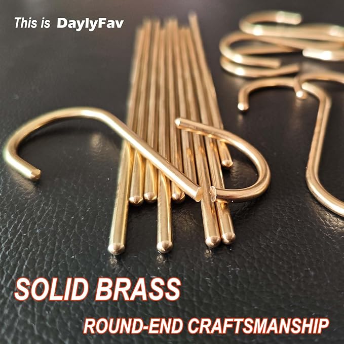 DaylyFav S Hooks, Solid Brass, Round-End Craftsmanship, 7 Pack, Gold - for Kitchen Rack Rail Closet Dorm Hanging Pans Pots Coffee Mugs Jeans Towels Bags Purse