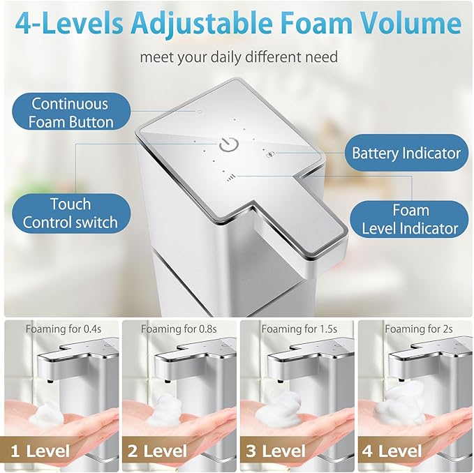 JEMISUN Automatic Foaming Soap Dispenser Touchless 380ml/12.8oz Rechargeable Hand Soap Dispenser Wall Mounted 4 Levels Adjustable Foam Soap Pump for Bathroom Kitchen Dish Soap
