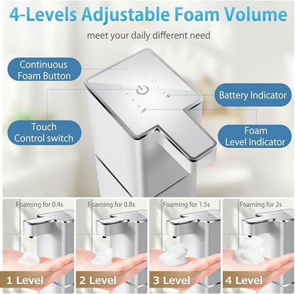 JEMISUN Automatic Foaming Soap Dispenser Touchless 380ml/12.8oz Rechargeable Hand Soap Dispenser Wall Mounted 4 Levels Adjustable Foam Soap Pump for Bathroom Kitchen Dish Soap