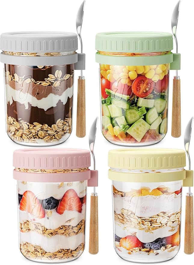 16oz Overnight Oats Containers with Lids and Spoons, 4 Pack Wide Mouth Mason Jars with Airtight Lids, Overnight Oats Jars for Salad, Chia Seed, Cereal, Yogurt
