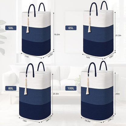Woven Laundry Basket for Clothes,65 L Large Rectangle Laundry Hampers with Beads Tassel, Nursery Storage Basket for Toys, Tall Dirty Clothes Hamper for Bedroom Aesthetic, Laundry Room Organization