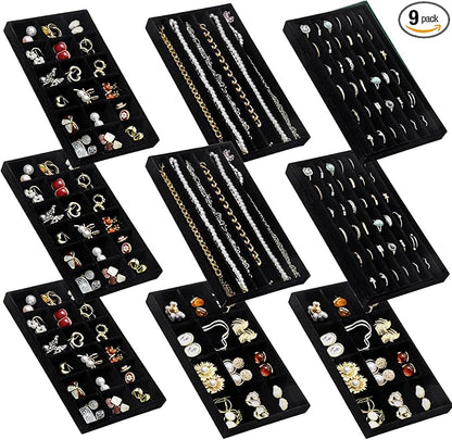 SPAKOWN Jewelry Organizer for Drawer, Adjustable Velvet Jewelry Tray, Stackable Necklace Organizer Earring Holder Organizer Ring Tray Jewelry Storage Display Drawer Inserts Set of 9 (Black)