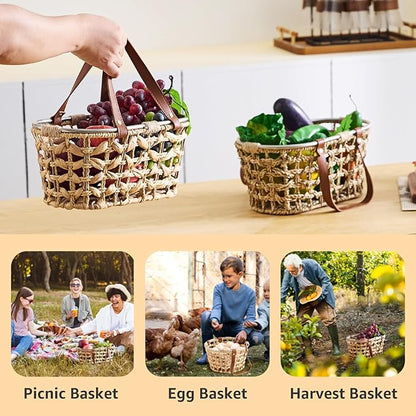 Egg Baskets for Collecting Fresh Eggs Farmhouse Handmade Wicker Hyacinth Egg Collecting Basket with Handle