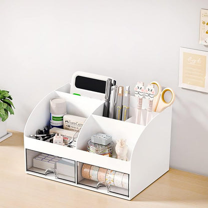 Desk Organizer with 6 Compartments and 2 Drawers, Plastic Makeup Organizer, Pen Holder for Desktop Storage, Desk Organization for School, Home, Office Supplies (White-2Pack)