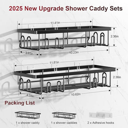 Getsrichfc Adhesive Shower Caddy, Shower Shelves with 16 Hooks, Rustproof Shelf Wall Corner Racks for Inside Bath, No Drilling & Sleek Bathroom Organizers and Storage Caddies Soap Holder, 2 Pack