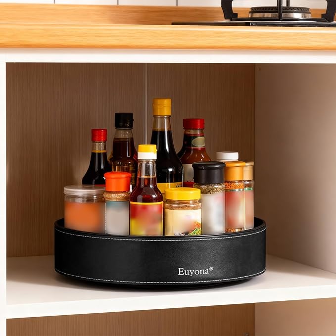 11.4 Inch Lazy Susan Turntable Organizer - 6 Removable Compartments with Phone Holder, 360° Rotating for Cabinet/Counter/Table. Spacious Storage for Food, Spices, Cosmetics & More. (Black)
