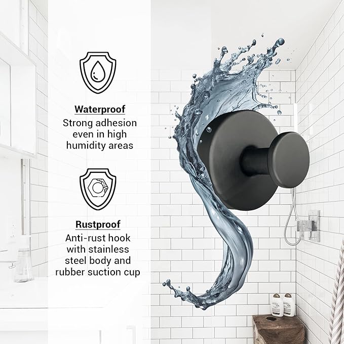 Welsa Suction Cup Hooks for Shower - 4 Pack, Matte Black - Stainless Steel, Strong Suction, No Drill, Removable Hanger, Tile Bathroom Kitchen Wall, Glass Door, Mirror Hook Hanging Robe, Towel Holder