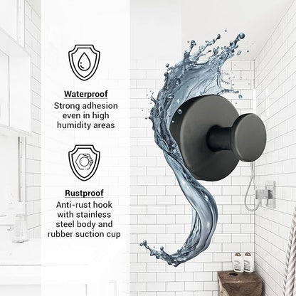 Welsa Suction Cup Hooks for Shower - 4 Pack, Matte Black - Stainless Steel, Strong Suction, No Drill, Removable Hanger, Tile Bathroom Kitchen Wall, Glass Door, Mirror Hook Hanging Robe, Towel Holder