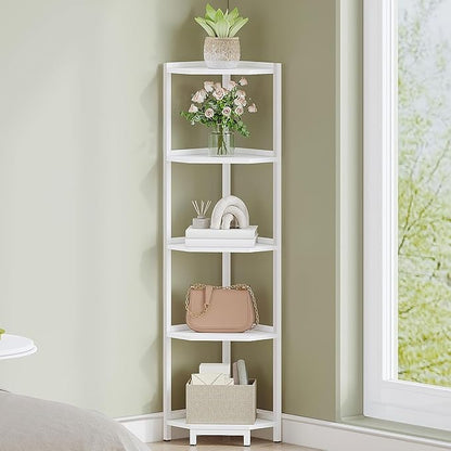 Corner Shelf Stand, Corner Bookshelf, Storage Standing Shelf Unit with Metal Frame, Plant Stand, Bookcase for Living Room, Home Office, Bedroom, 5-Tier White CS05913W
