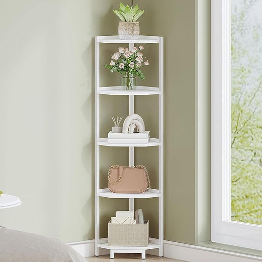 Corner Shelf Stand, Corner Bookshelf, Storage Standing Shelf Unit with Metal Frame, Plant Stand, Bookcase for Living Room, Home Office, Bedroom, 5-Tier White CS05913W