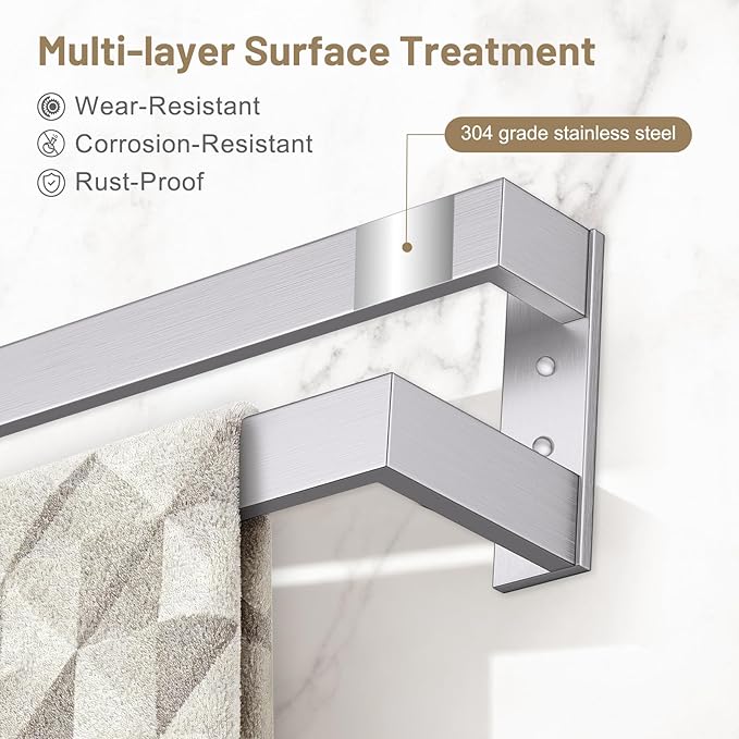 TNOMS Double Towel Bar,Towel Rack for Bathroom Stainless Steel Wall-Mounted Bathroom Hardware Accessories Brushed Nickel 24 Inch