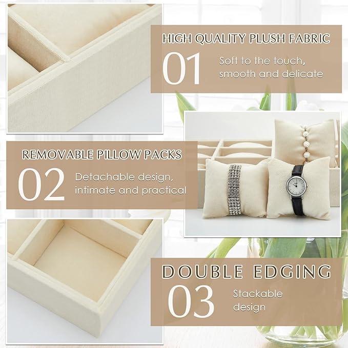Henoyso 2 Pieces 12 Grid Velvet Watch Tray Jewelry Organizer Stackable Watch Bracelet Bangle Display Holder Adjustable Pillow(Beige)