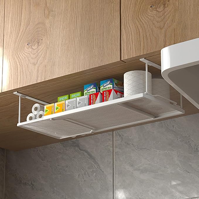 Expandable Hanging Under Shelf Storage Basket,Under Shelf Storage Organizer,Under Hanging Baskets for Cabinet,Pantry, Desk Organization,7.87" D x 14.96"-27.56W x 5.12" H,White
