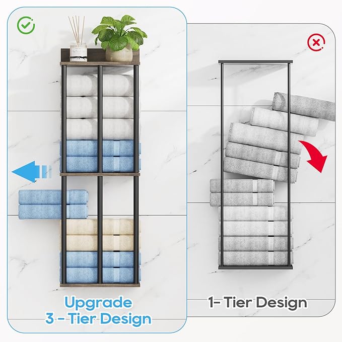 Towel Racks for Bathroom Wall Mounted with Wooden Storage Shelf, Updated 3 Bar Metal Towel Holder for Rolled Towels, Sturdy and Large Capacity, Towel Storage Organizer
