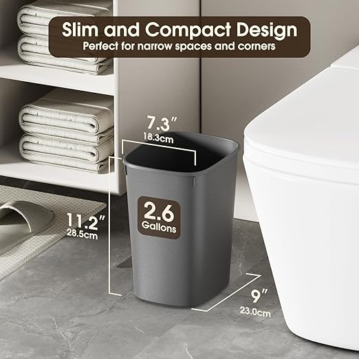 CEROELDA Small Bathroom Trash Can, 2.6 Gallon Slim Mini Garbage Can Small Trash Bin Plastic Waste Basket for Dorm Room, Bedroom, Office, Toilet (Grey)