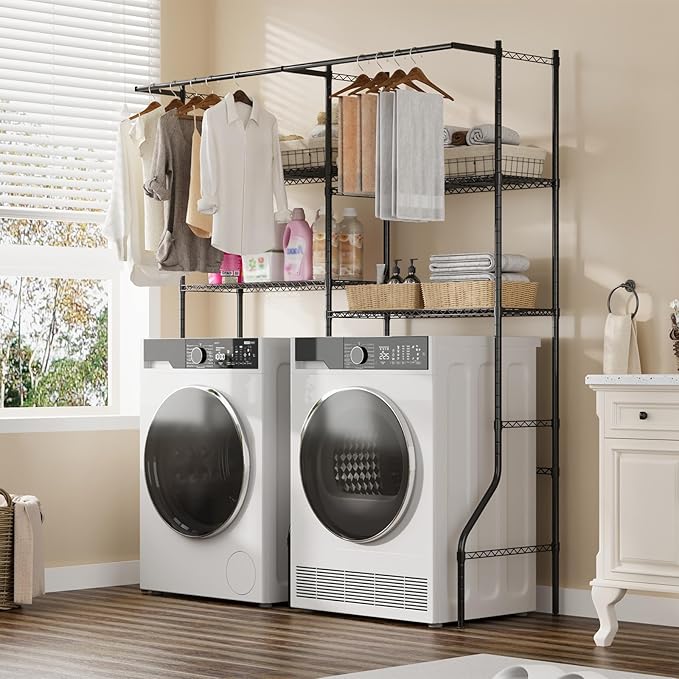 GarveeHome Over Washer and Dryer Storage Shelves, 4 Tiers Above Washer Dryer Storage Rack for Laundry Room Organization, Adjustable Height Clothes Drying Rack with Hanger Rod & Hook, Black