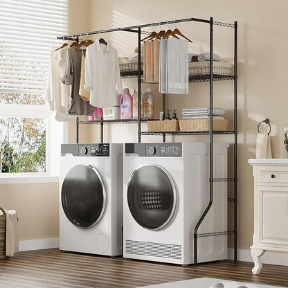 GarveeHome Over Washer and Dryer Storage Shelves, 4 Tiers Above Washer Dryer Storage Rack for Laundry Room Organization, Adjustable Height Clothes Drying Rack with Hanger Rod & Hook, Black