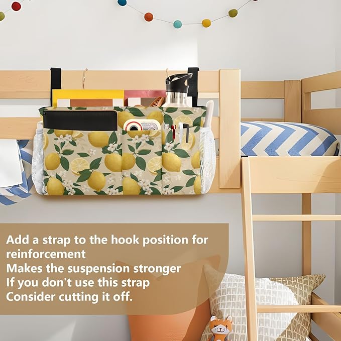 CuwrYet Bedside Caddy Hanging Bunk Bed Caddy Bed Organizer Hanging Pocket with 2 Hooks Bedside Storage Organizer Pocket Bag Holder Beige Lemons and Flowers