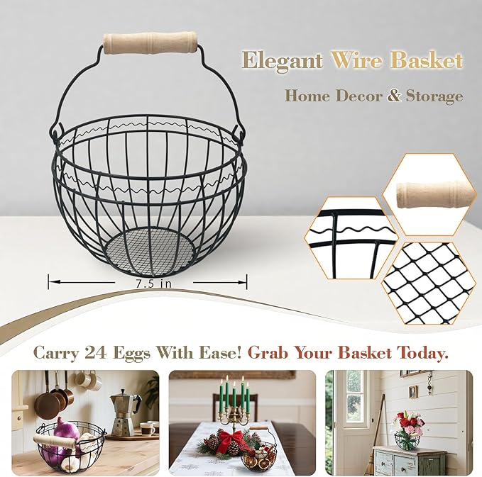 Wire Egg Basket for Gathering Fresh Eggs, Vintage Chicken Egg Collecting Basket with Handle, Farmhouse Egg Storage Container Countertop,Black, Ventilated Design, Easter Christmas Kitchen Decor