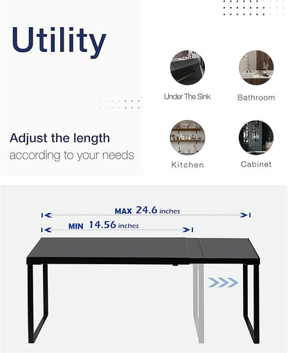 Nxconsu Cabinet Shelf Expandable Organizer Riser Rack for Kitchen Pantry Cupboard Under Sink Countertop Home Organization Extra Storage Space Saver Heavy Duty Metal Edgeless Design Black Extra Large