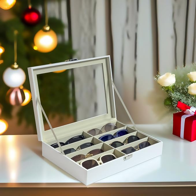 UnionPlus 8-Slots Eyeglass Sunglass Glasses Organizer Collector - Faux Leather Storage Case Box for Men Women's Glasses, White