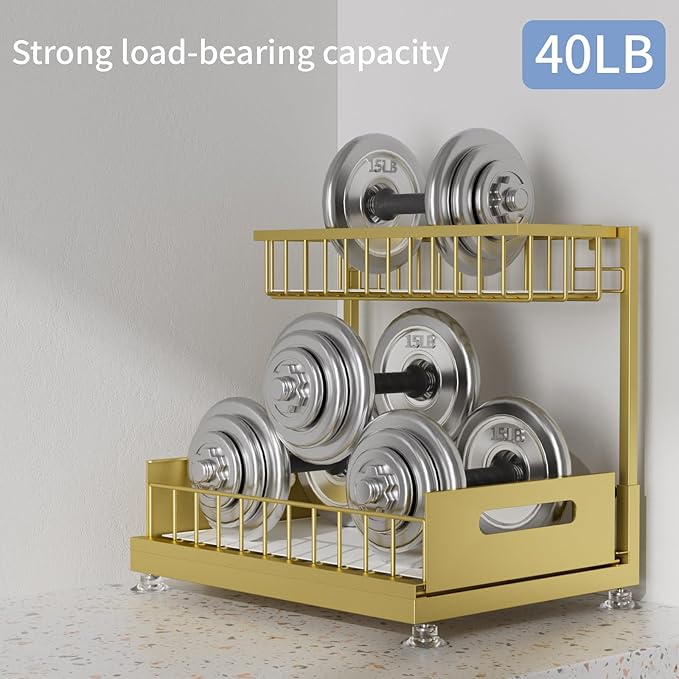 Under Sink Organizer Storage 2-Tier Premium Metal Pull-Out Racks, Height Adjustable, Heavy Dut and Easy Installation for Kitchen & Bathroom Organizers 1 Pack Gold