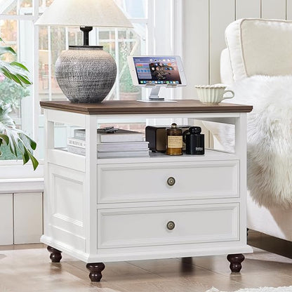 Joaxswe 24" Wide Farmhouse Night Stand,Large End Table with 2 Drawers & Metal Handle,Wood Dresser for Bedroom, White Bed Side Table Chest of Drawers Cabinet,Nightstand for Living Room,Closet