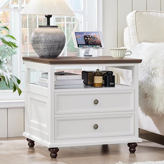 Joaxswe 24" Wide Farmhouse Night Stand,Large End Table with 2 Drawers & Metal Handle,Wood Dresser for Bedroom, White Bed Side Table Chest of Drawers Cabinet,Nightstand for Living Room,Closet