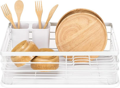 Navaris Dish Drainer Rack - Plate, Cutlery, Pots and Pans Drying Rack for Kitchen - Modern Retro Design Drip Tray with Metal Rack - White