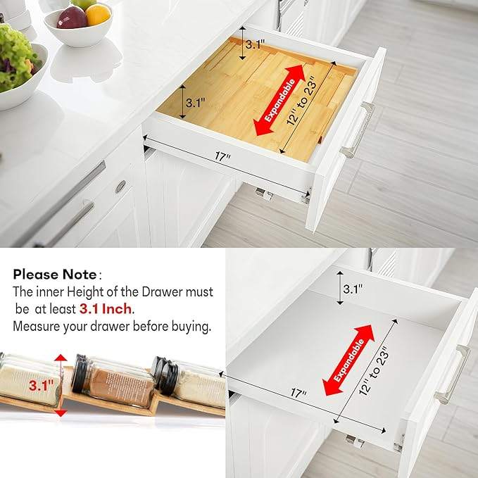 Thalomely Bamboo Spice Drawer Organizer, (Need 3.1” Deep Drawer) Expandable 4 Tier Spice Rack for Cabinet (From 12" to 23" Wide), Seasoning Storage Insert, Spice Organizer for Drawer,Jars Not Included