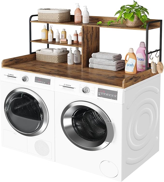 Washer and Dryer Countertop with Shelves, 54" x 27.56" 3 Tiers Large Laundry Topper with 2.95" Edge Rails, Laundry Room Storage and Organization with 2 Hooks and Non-Slip Pads