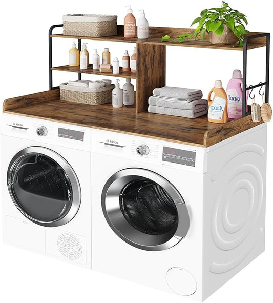 Washer and Dryer Countertop with Shelves, 54" x 27.56" 3 Tiers Large Laundry Topper with 2.95" Edge Rails, Laundry Room Storage and Organization with 2 Hooks and Non-Slip Pads