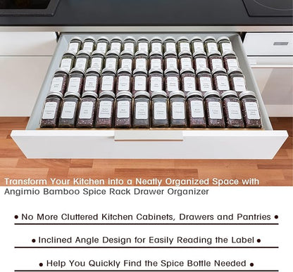 Angimio Bamboo Spice Rack Drawer Organizer - 8 Pieces Set- 11" Wide Per Piece - Combine Pieces Into 22" Wide Rack (11" or 22")
