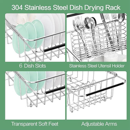 SwetLao Dish Drainer Rack in Sink Adjustable, Expandable 304 Stainless Steel Metal Dish Drying Rack Organizer with Stainless Steel Utensil Holder Over Inside Sink Counter, Rustproof