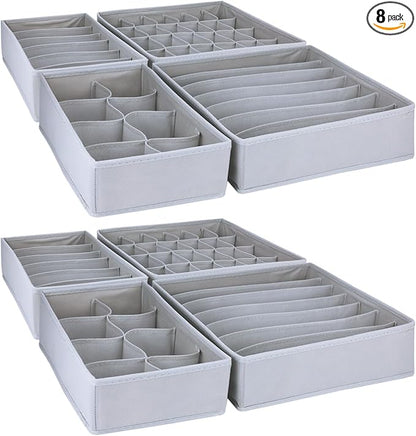 8 Pack Foldable Drawer Organizer - Light Gray Fabric Bins for Clothes, Underwear, Socks & More