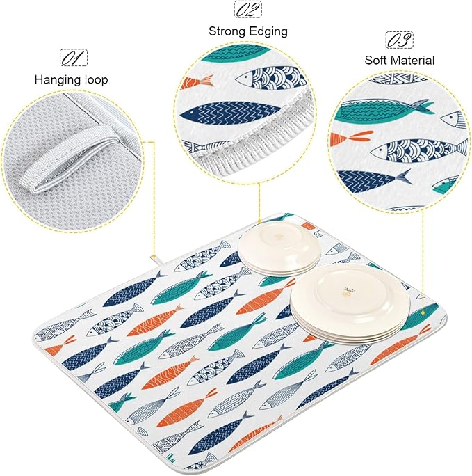 ZzWwR Stylish Colors Decorative Fishes Absorbent Dish Drying Mat,16 x 18 Inch Microfiber Kitchen Countertop Table Protector Multi-Purpose Counter Rack Sink Drainer Pad