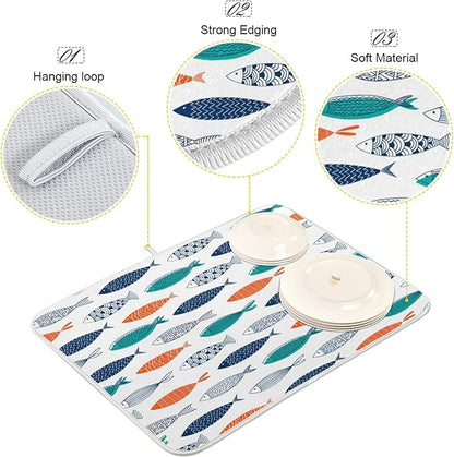ZzWwR Stylish Colors Decorative Fishes Absorbent Dish Drying Mat,16 x 18 Inch Microfiber Kitchen Countertop Table Protector Multi-Purpose Counter Rack Sink Drainer Pad