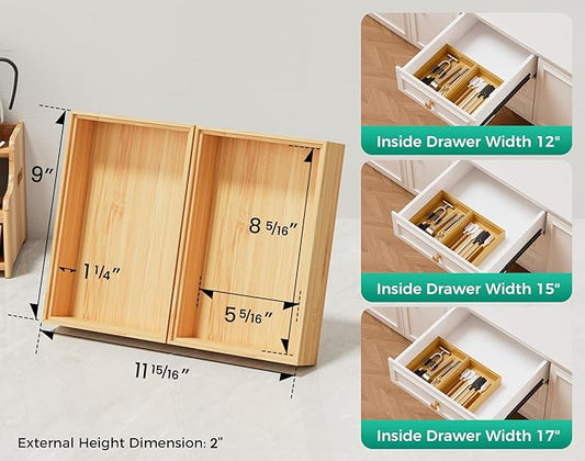 Bamboo Kitchen Drawer Organizer Boxes – 9" x 6" Stackable Wood Silverware Utensil Tray for Drawers Bins, Cutlery & Flatware Storage – Wooden Organizers Set of 2 for Junk Drawer, Bathroom, RV