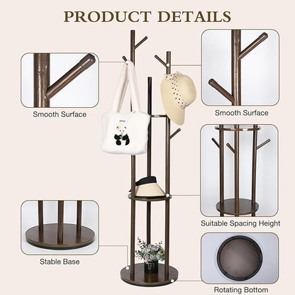 Wood Coat Rack with 3 Shelves and 9 Hooks, Freestanding Rotary Coat Tree for Entryway, Bedroom, Living Room, Hallway – Holds Jackets, Coats, Hats, Bags (Walnut)