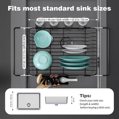 jouzevic Dish Drying Rack in Sink: Expandable, 3-Slot Utensil Holder, Anti-Slip Handle. Small Dish Rack: Ideal for Small Households. Kitchen Drying Rack: Black