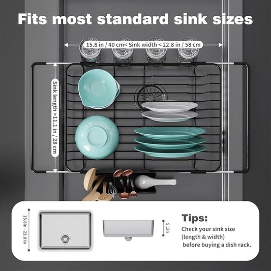 jouzevic Dish Drying Rack in Sink: Expandable, 3-Slot Utensil Holder, Anti-Slip Handle. Small Dish Rack: Ideal for Small Households. Kitchen Drying Rack: Black