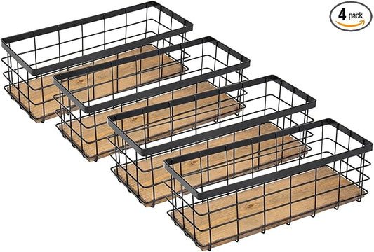 TIEYIPIN Farmhouse Small Metal Wire Storage Basket Bin, Rustic Home Storage Organizer with Wooden Bottom for Kitchen, Cabinets, Bathroom Counter, Pantry, Garage, Laundry Room - Black (4 Pack)