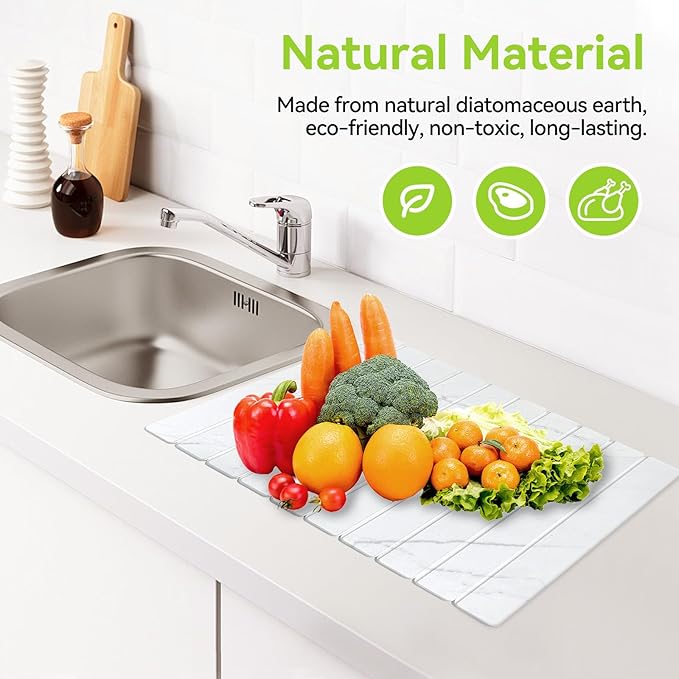 Large Stone Dish Drying Mats for Kitchen Counter - 24"(L)×16"(W) Quick Dry Collapsible Dish Drying Mat for Dishes Bottles Cups, Eco-friendly Diatomaceous Earth Absorbent Mat for Any Countertop Marble