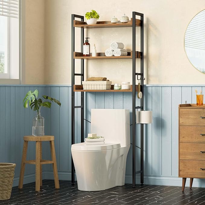 Rolanstar Over The Toilet Storage Rack, 3-Tier Bathroom Organizer Shelf Over Toilet with Adjustable Shelves and Basket Bathroom, Freestanding Space Saver, Rustic Brown