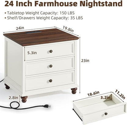 Joaxswe Farmhouse Nightstand Set of 2 with Charging Station, 24" Wide End Table with 3 Drawers,Dresser for Bedroom,Bed Side Table Chest of Drawers Cabinet,Wood White Night Stand for Living Room