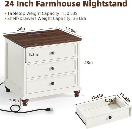 Joaxswe Farmhouse Nightstand Set of 2 with Charging Station, 24" Wide End Table with 3 Drawers,Dresser for Bedroom,Bed Side Table Chest of Drawers Cabinet,Wood White Night Stand for Living Room
